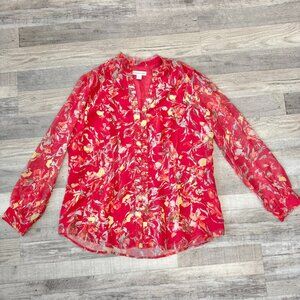 Coldwater Creek pink floral lined ruffle long sleeve blouse size XL E48